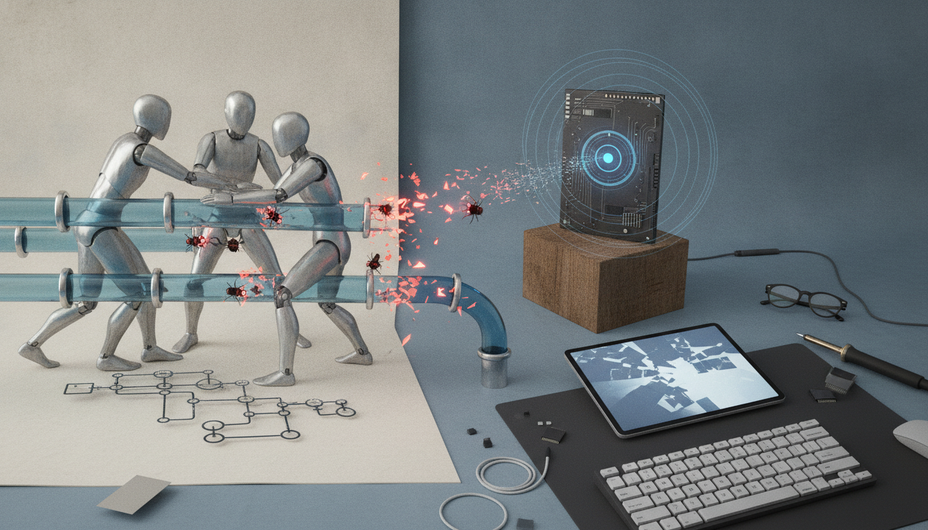 three silver figures push against blue pipes while sparks fly toward a dark device on a wooden block beside a tablet and keyboard