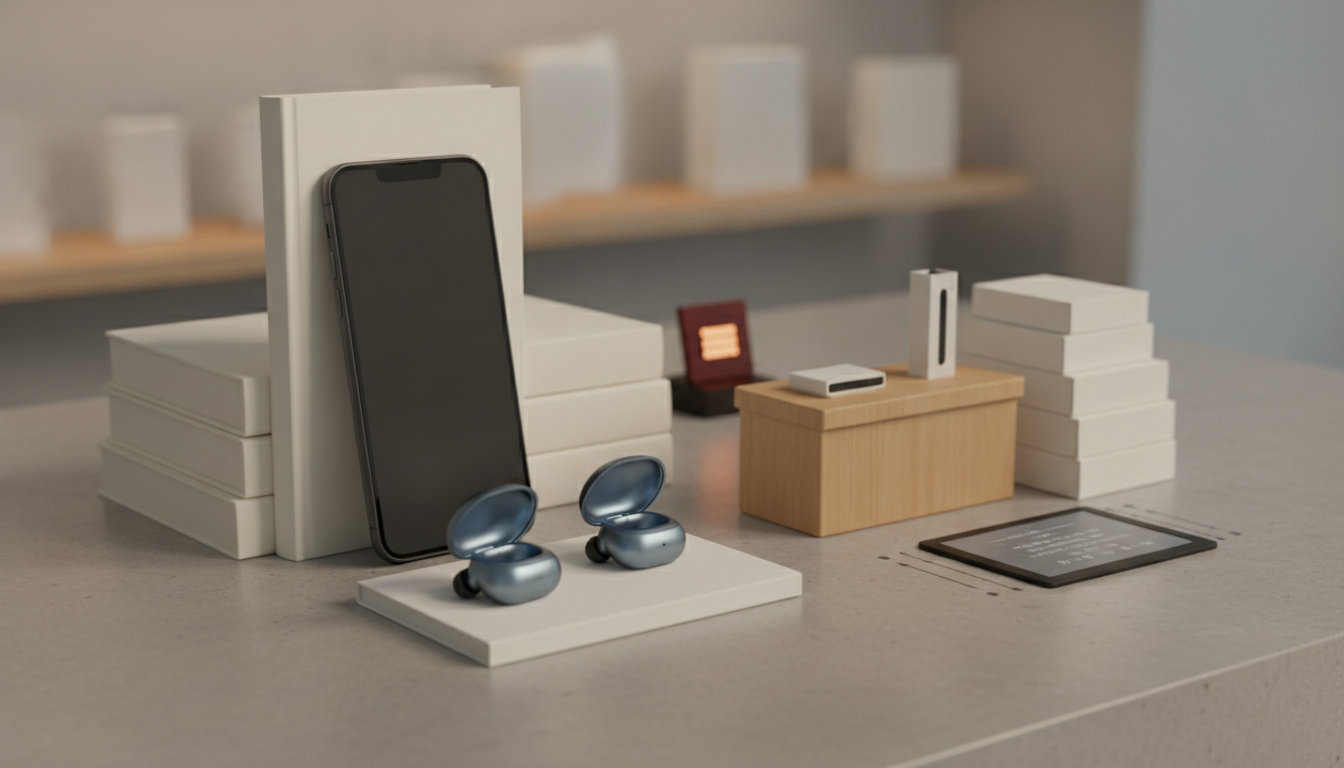 a black smartphone stands beside stacked white boxes, with two open blue earbuds in front and small display pieces nearby