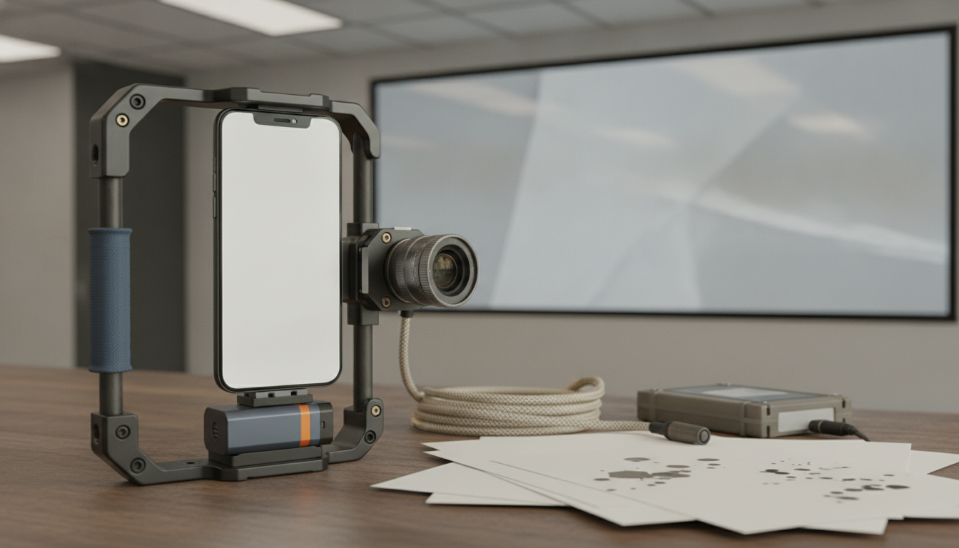 a smartphone mounted in a camera rig sits on a table beside coiled cable, a small device, and scattered paper sheets