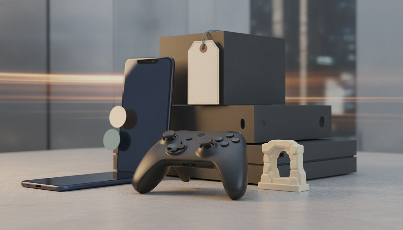A smartphone, game controller, stacked dark boxes, hanging tags, and a small white arch sit on a tabletop.