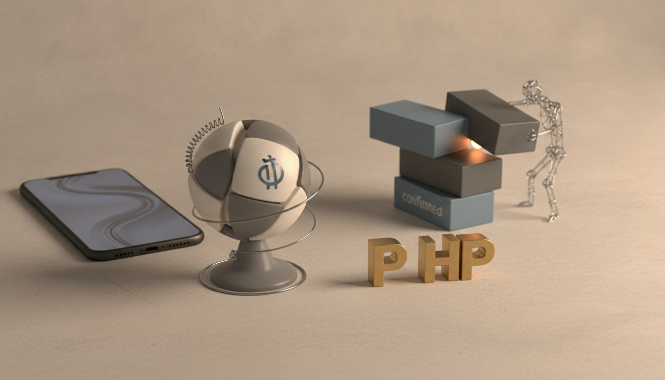 A smartphone, a segmented globe with a blue symbol, a stack of grey and blue blocks with one labeled 'confirmed', a wireframe figure pushing a block, and golden 'PHP' letters are
