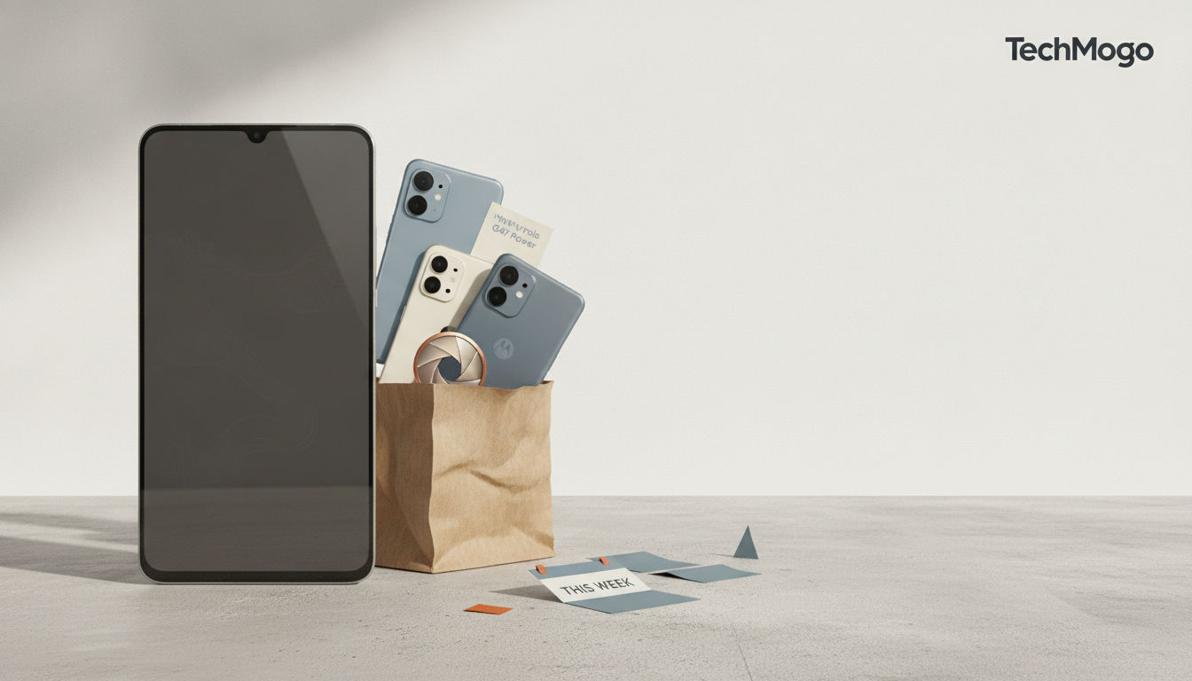 A large smartphone stands next to a paper bag holding three smartphones, a camera icon, and a card. Scattered papers with 'THIS WEEK' are on the floor, and a 'TechMogo' logo is