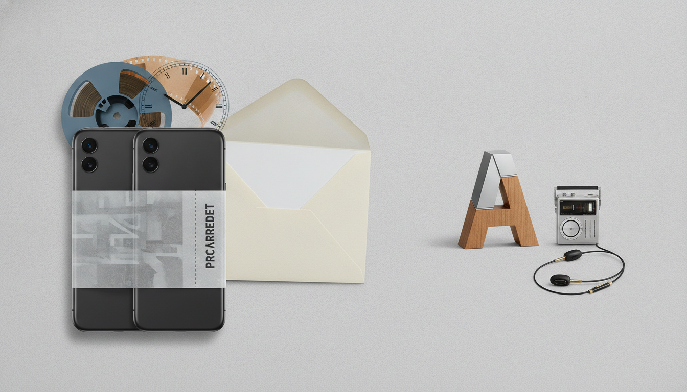 Two dark smartphones wrapped in a translucent band sit beside an envelope, film reels, a wooden letter A, and a small radio with earbuds.