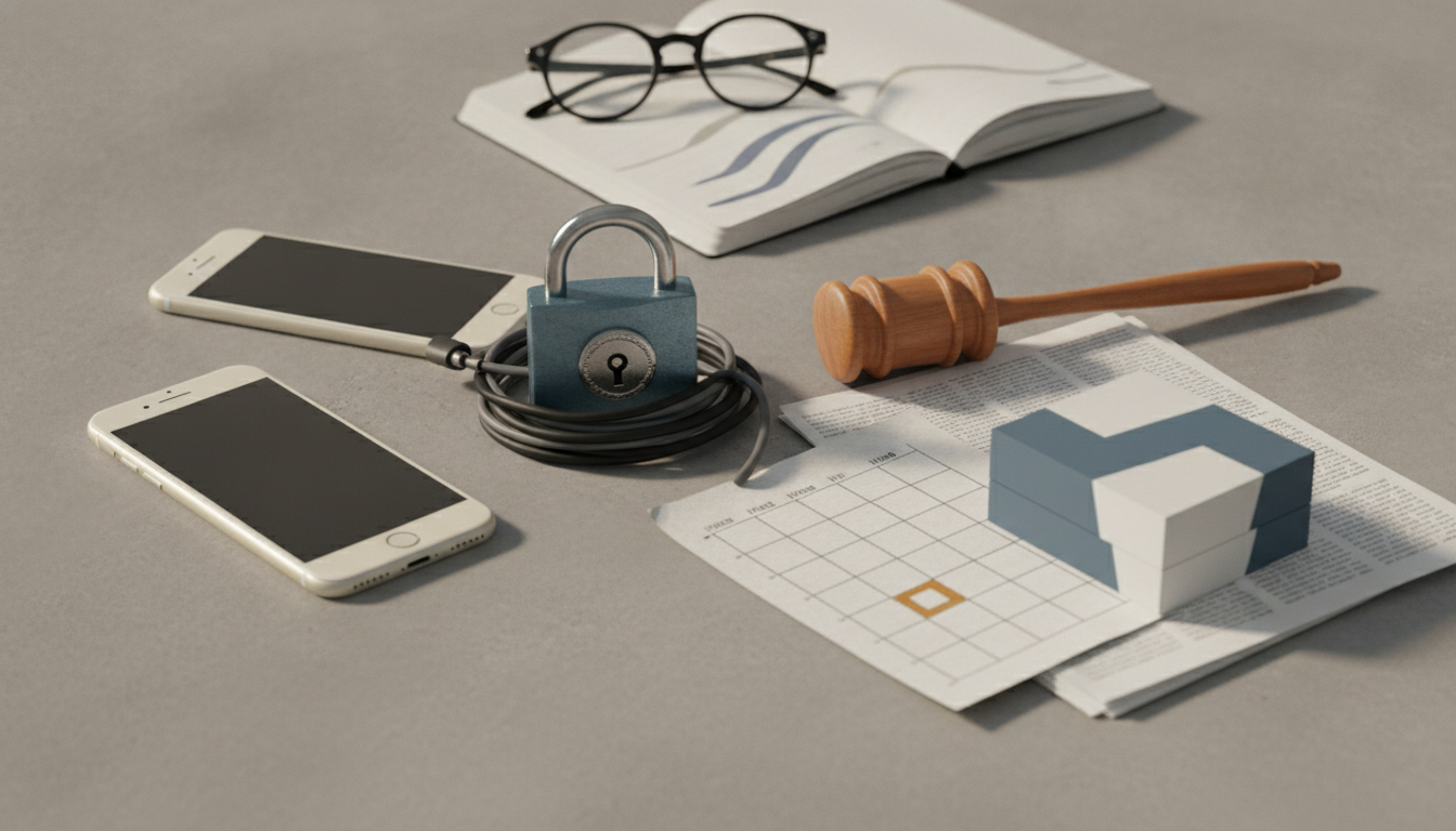 Two smartphones, a padlock with a cable, a gavel, an open book with glasses, and papers with a blue and white box are on a grey table.