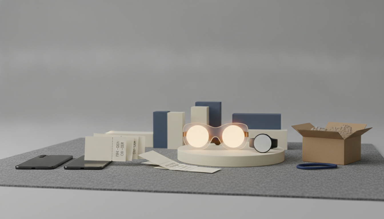 Two smartphones, several paper cards, glowing round glasses, a wristwatch, stacked boxes, and an open cardboard box on a gray surface.