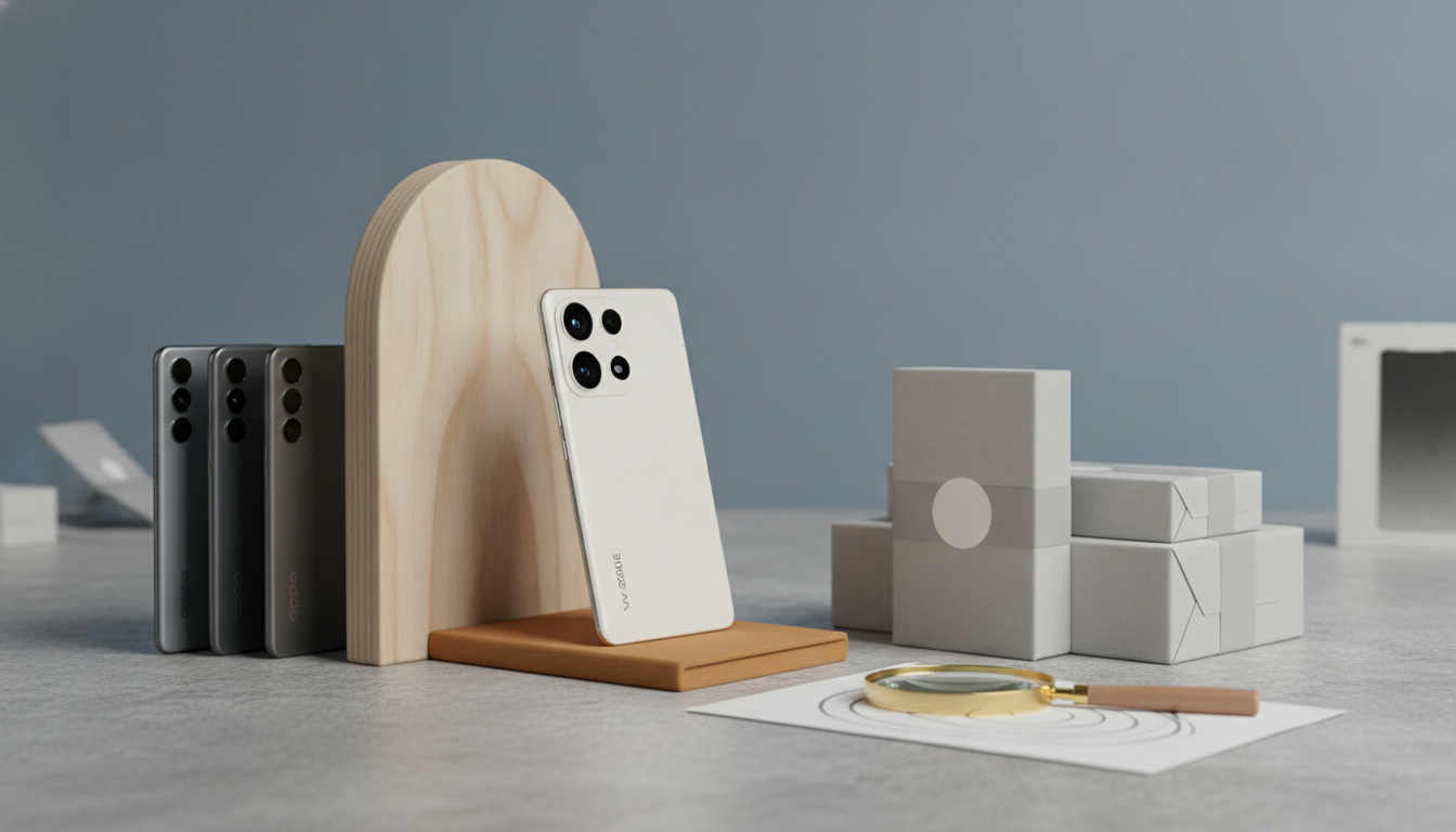 A white smartphone stands on a brown base next to a wooden arch, with three dark smartphones, several grey boxes, a magnifying glass, and a paper on a grey surface.