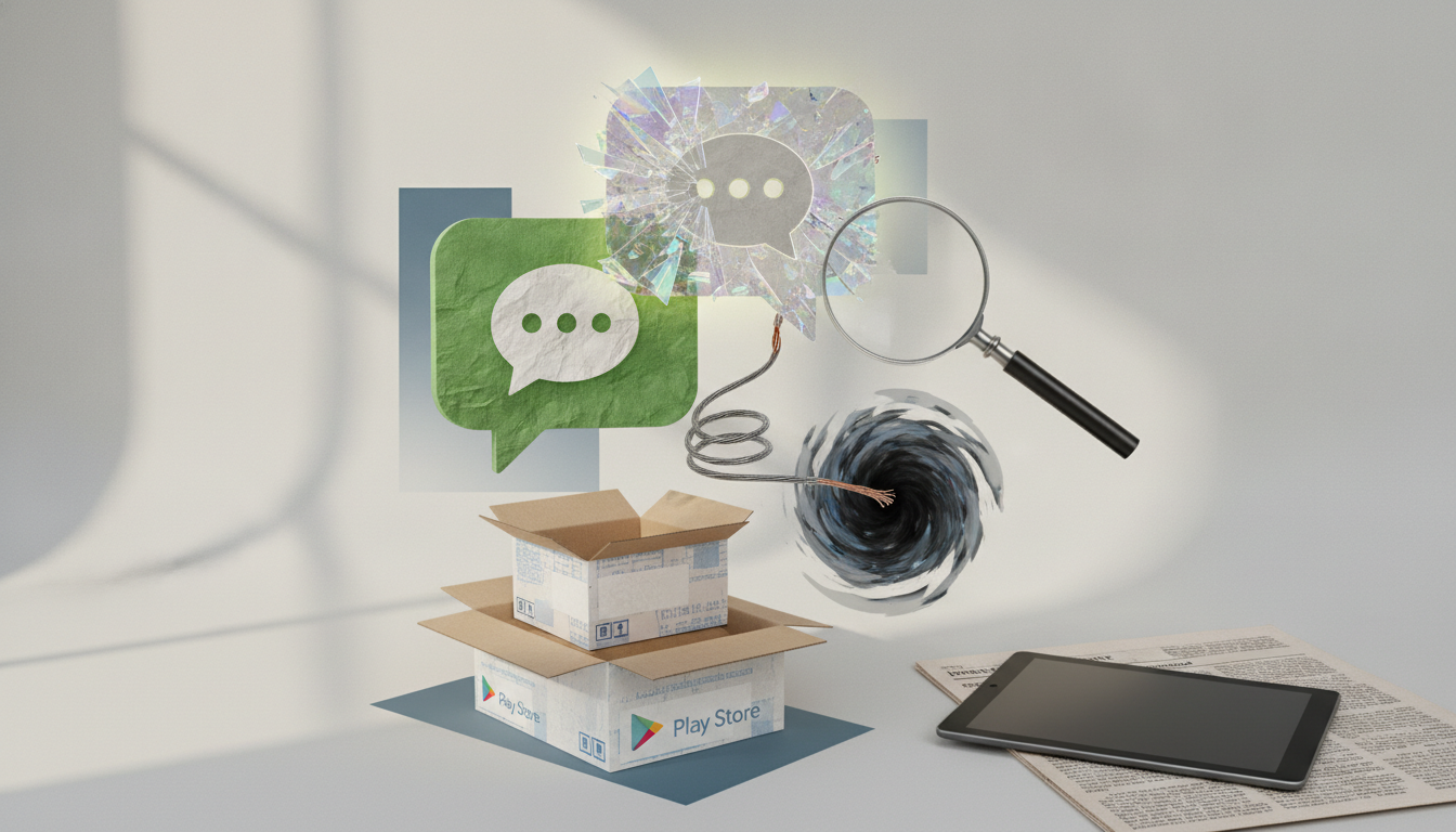 A magnifying glass, speech bubbles, stacked cardboard boxes, a tablet, and a dark spiral on a light surface.