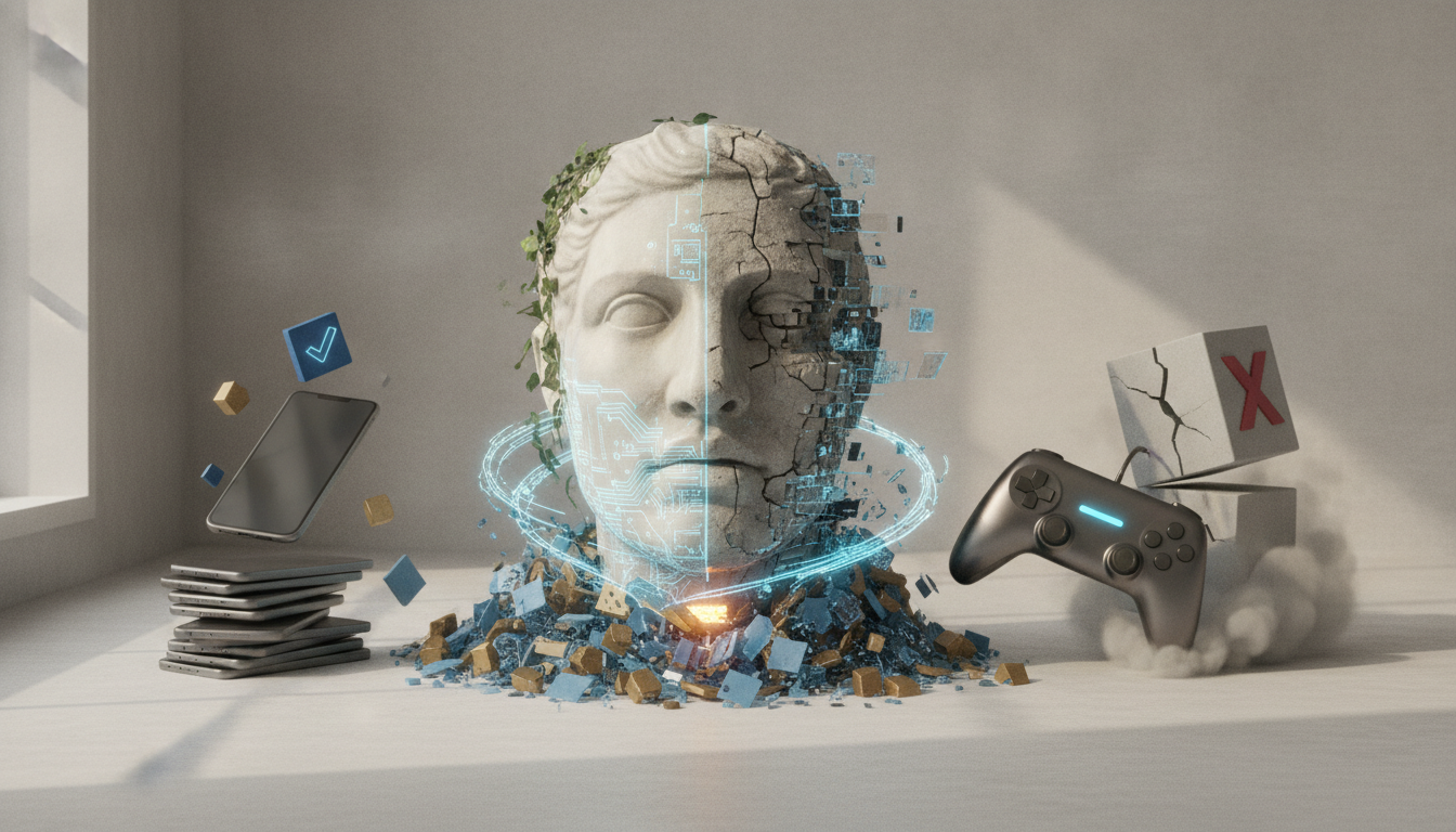 A classical bust, half covered in vines and circuits, half crumbling, sits on fragments between floating smartphones and a game controller next to a cracked cube with an 'X'.