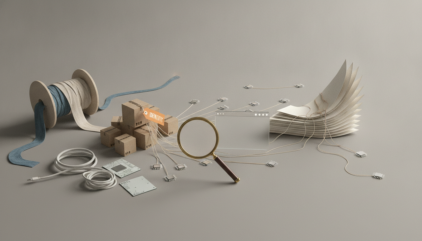 spools of ribbon, stacked cardboard boxes, cables, circuit chips, a magnifying glass, and a layered stack of paper sheets on a plain surface