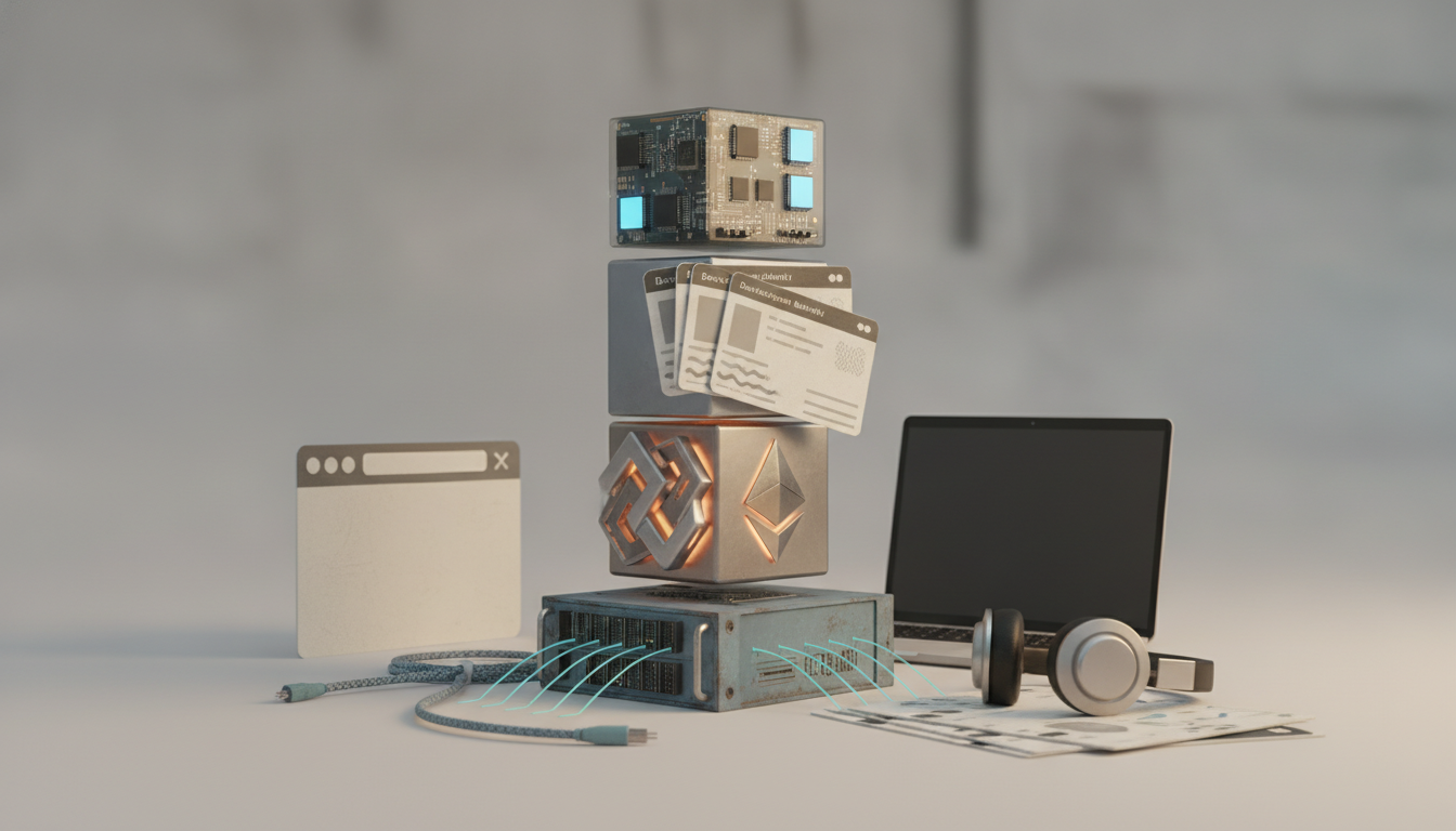 A stack of cubes (circuit board, data windows, crypto symbols) on a server unit with blue light, a laptop, headphones, papers, and a browser window.