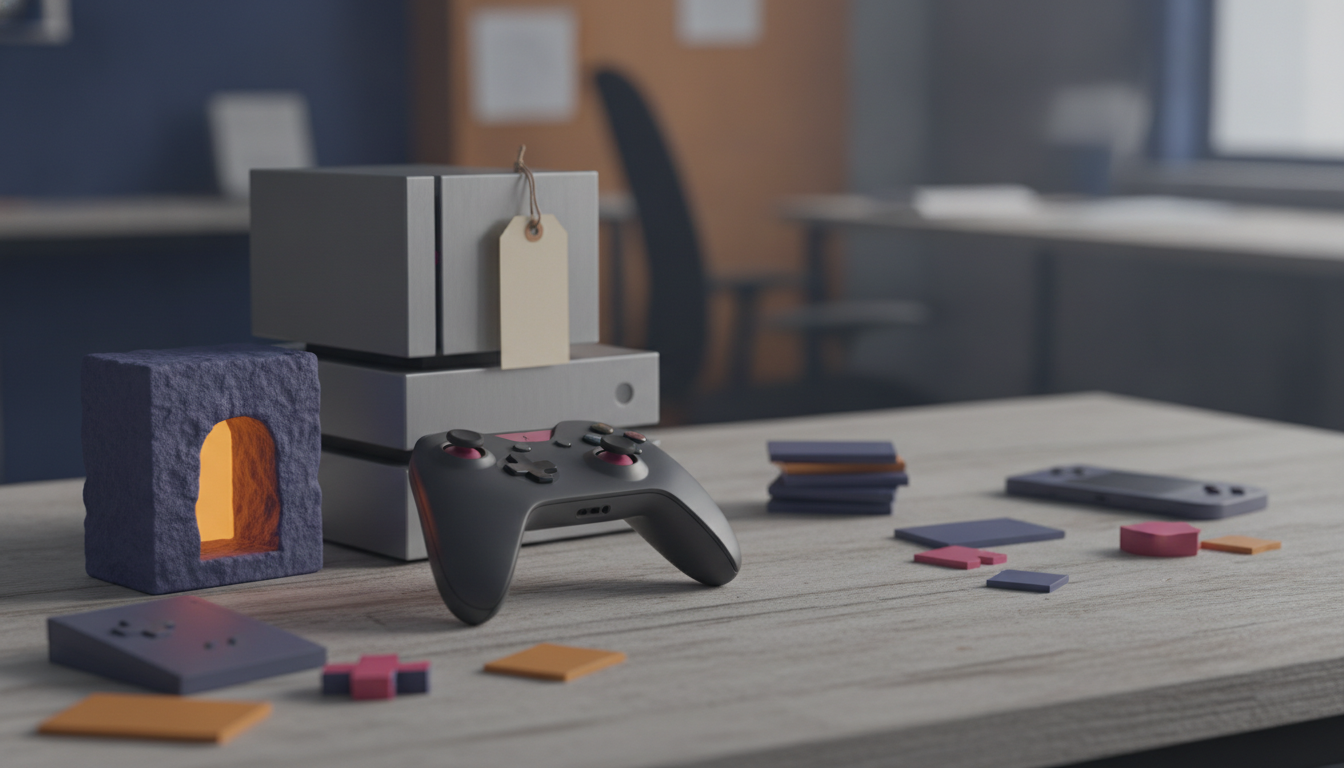 A tabletop with stacked gray boxes, a game controller, small colored blocks, and a glowing cube-shaped object.
