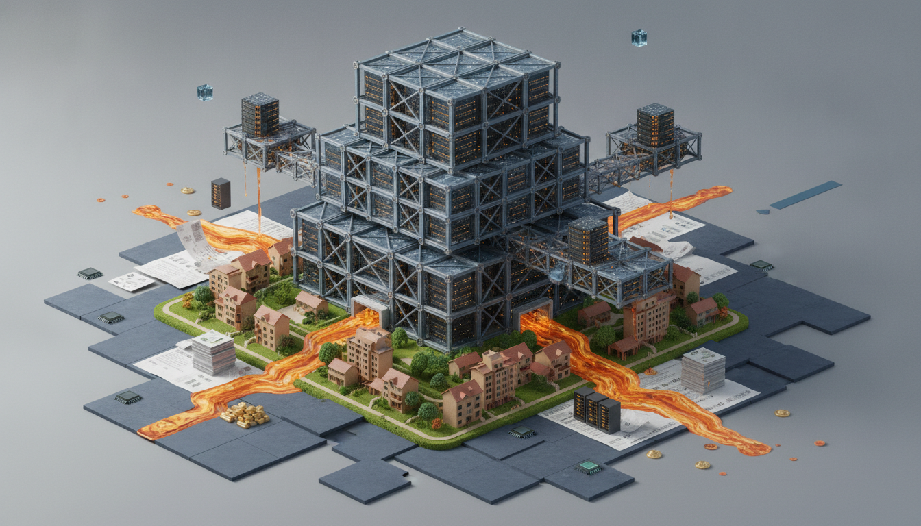 A large stacked metal framework rises above small houses and trees, with orange streams running across a tiled base.
