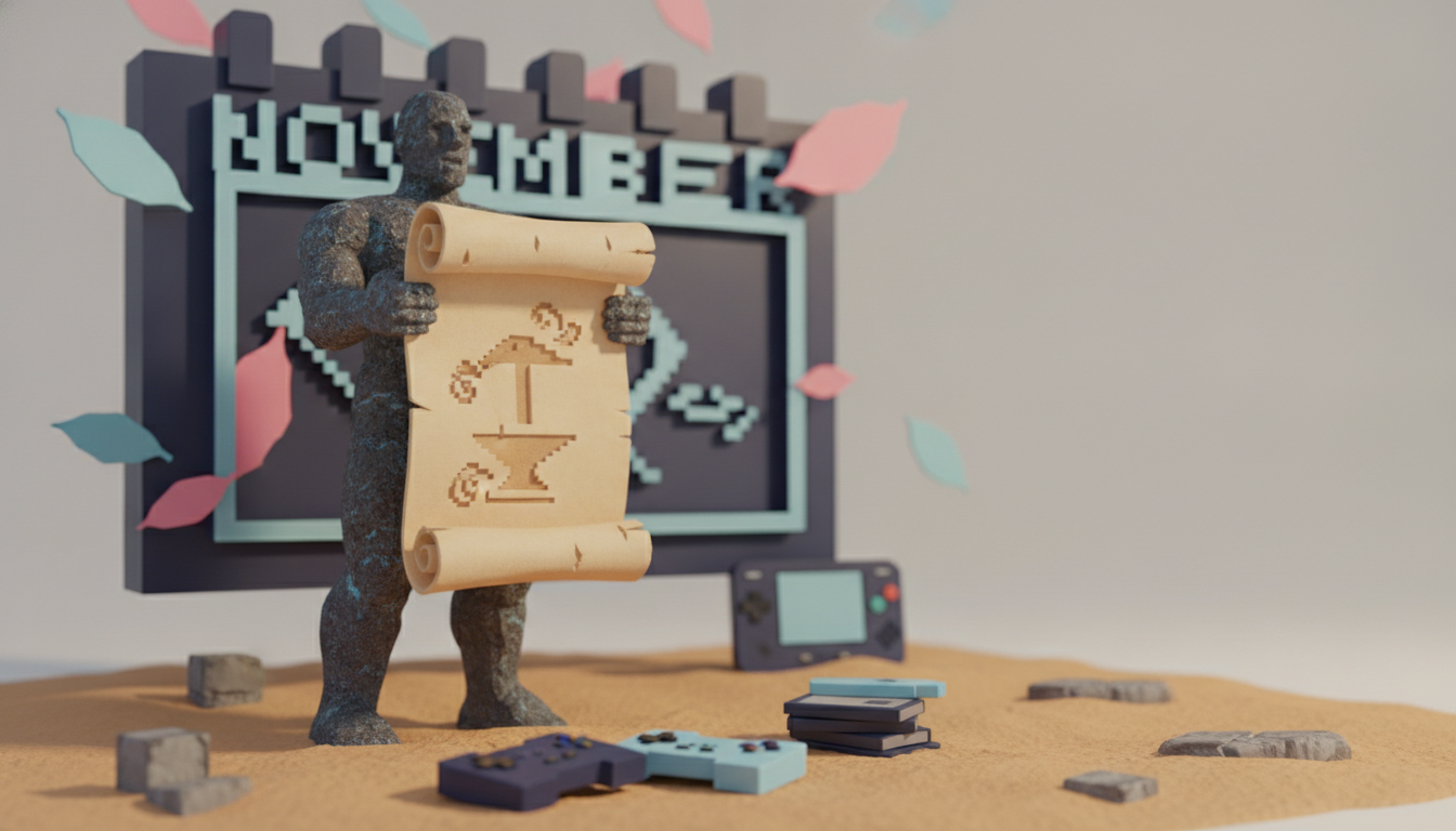 A textured statue holds a scroll with pixel art of a hammer and anvil, standing before a calendar with 'NOVEMBER' and floating leaves, with game controllers, cartridges, a
