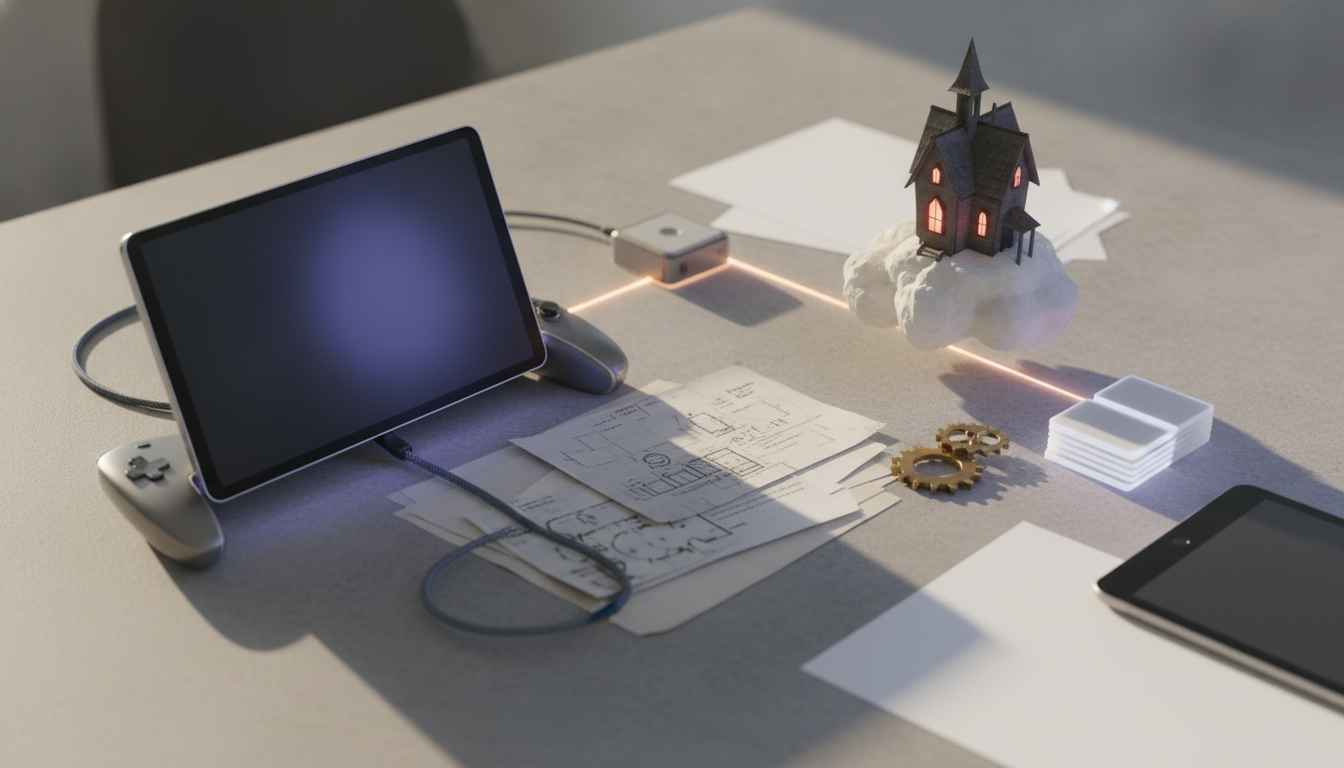 A tablet, game controller, scattered papers, small gears, stacked white cards, a floating lit house on a cloud, and another device on a tabletop.
