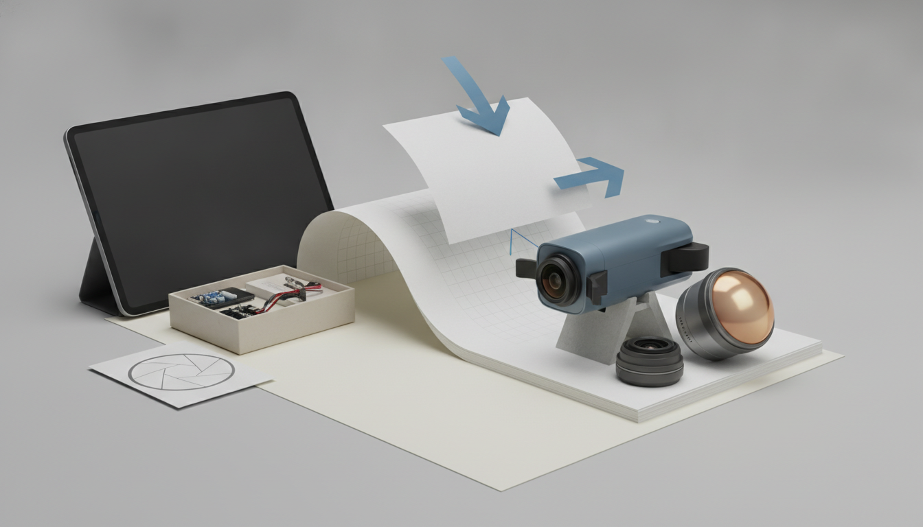 A tablet, an open box of electronics, a blue camera with lenses, and various papers with design elements are arranged on a light gray surface.