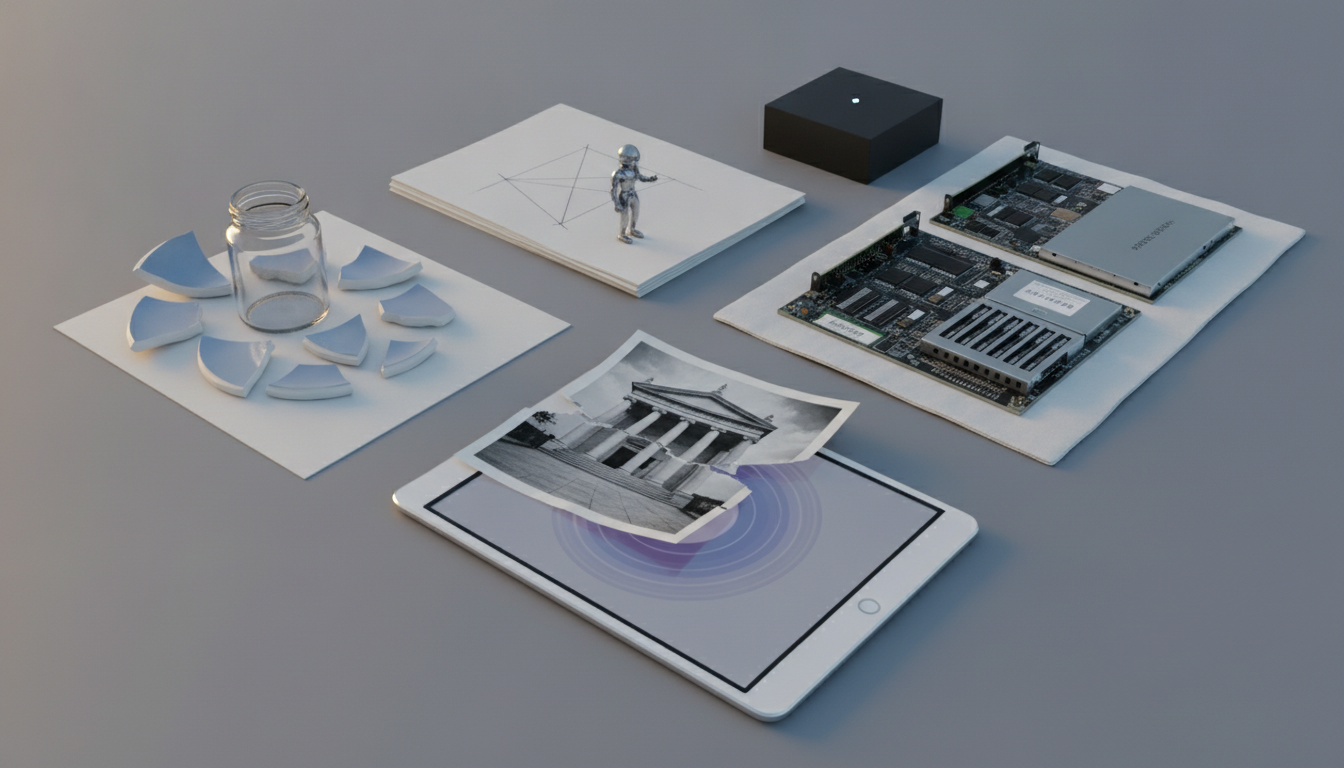 a tablet with a black-and-white building print, a glass jar surrounded by broken white pieces, a small figurine on paper, and circuit boards on a white board