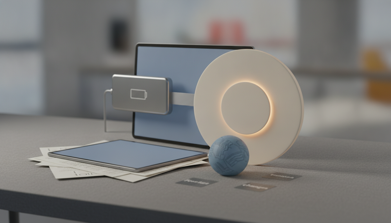 A tablet, stacked papers, a glowing circular lamp, a blue sphere, and a monitor sit on a gray desk.