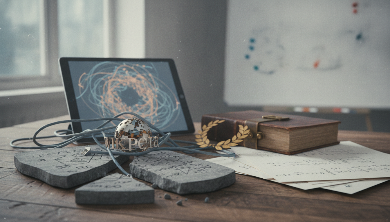 A tablet, stone pieces with sketches, loose papers, a small book, and tangled cords sit on a wooden table.