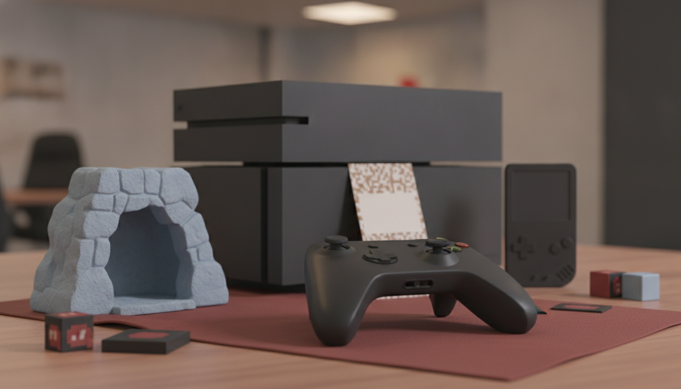 A tabletop setup with a black game console, a game controller, a gray cave-like prop, and small blocks on a red mat.