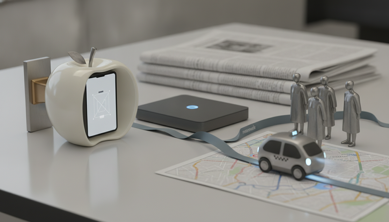 a tabletop with an apple-shaped phone dock, folded newspapers, a black device, small metal figures, and a toy car on a map