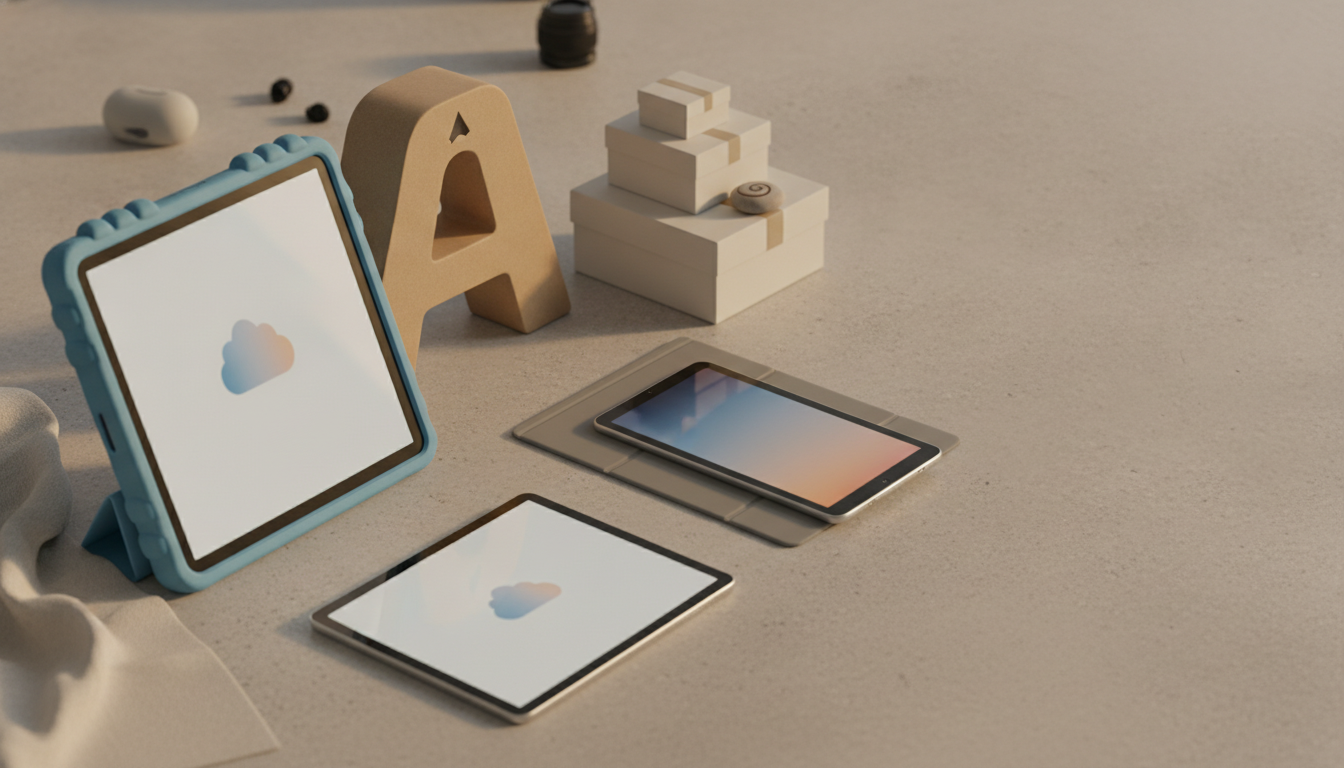 Three tablets, stacked boxes, a large letter A, and small round objects sit on a beige surface.