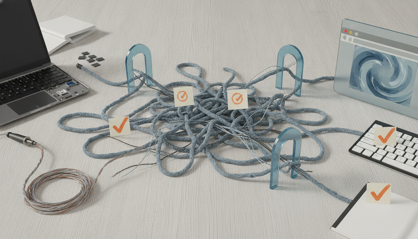 Tangled blue cords lie between a laptop, keyboard, monitor, and paper notes on a light desk.