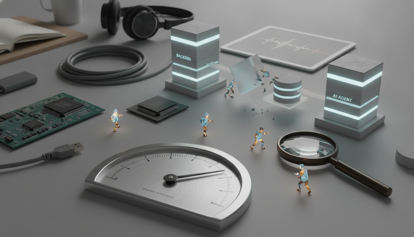 Miniature figures interact with glowing 'BACKEND' and 'AI AGENT' servers, a database, circuit boards, a gauge, and a magnifying glass on a gray desk.
