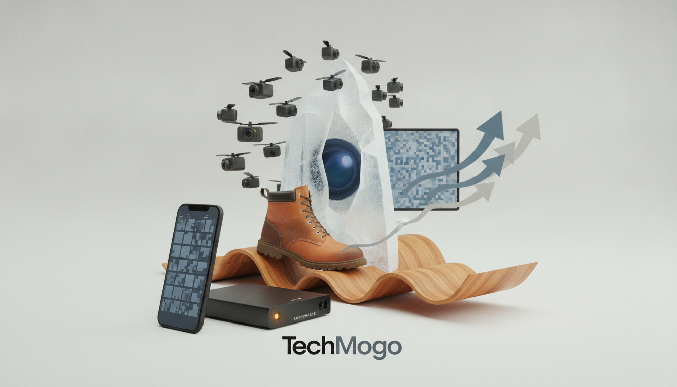 A smartphone, black device, brown boot, and monitor on a wavy wooden base, surrounded by drones and a camera in an ice-like structure, with arrows and 'TechMogo' text.