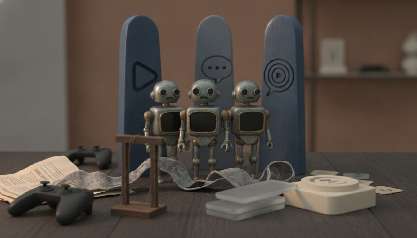 three small metal robots stand in front of blue panels on a table with game controllers, cards, and a ribbon-like strip