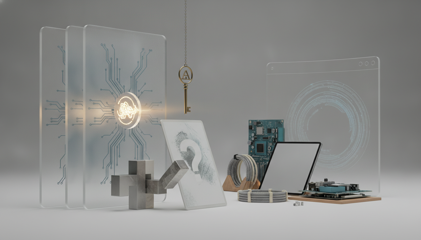 transparent panels with circuit patterns, a glowing round symbol, a hanging key, metal blocks, a question-mark card, circuit boards, coiled cables, and a blank screen