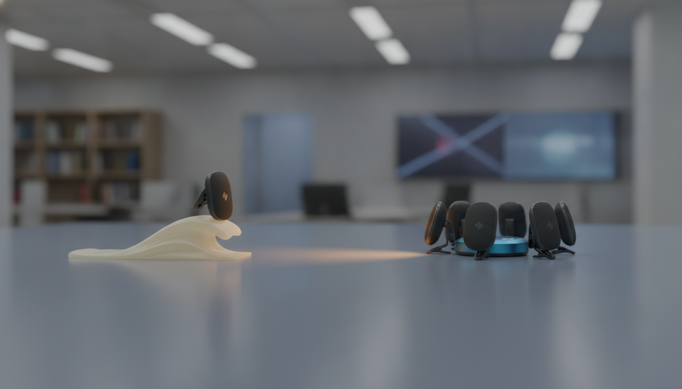 Two small wheeled devices sit on a table in a blurred office with ceiling lights and a bookshelf.