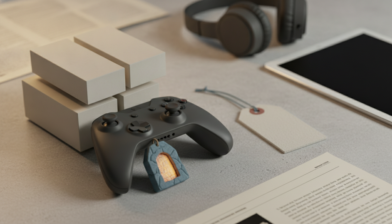 A black video game controller with a charm, a stack of gray blocks, black headphones, a white tablet, a beige tag, and papers are arranged on a light gray surface.
