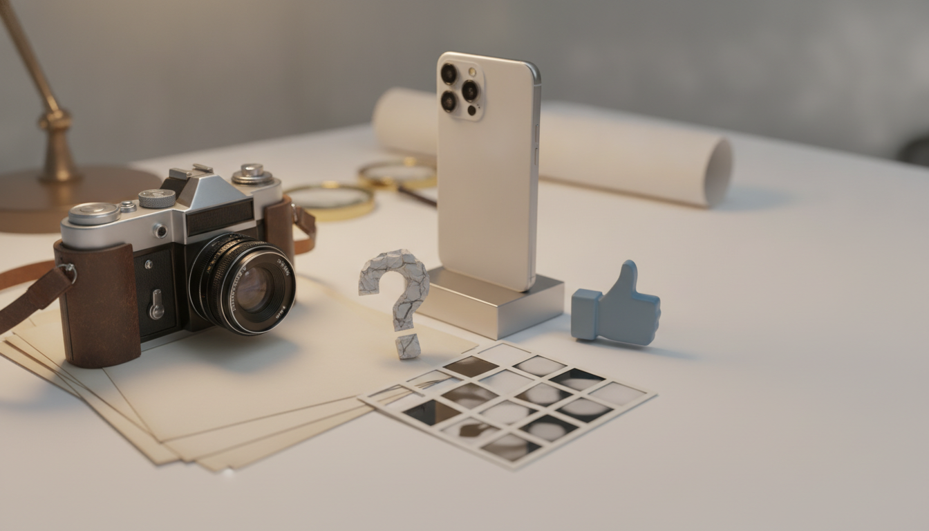 A vintage camera, old papers, a smartphone on a stand, a cracked question mark, a blue thumbs-up, and a contact sheet are on a white table.