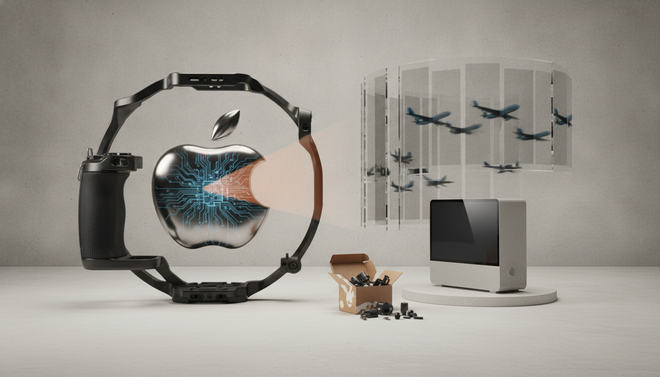 A black watch band surrounds a metallic apple with blue circuitry and a light beam, beside floating airplane silhouettes, a small monitor, and a box of parts.