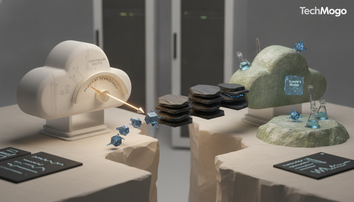 A white cloud with a 'physical speed' dial sends blue shapes across a gap to a green cloud island, connected by stone stacks. 'LIGHTROOM EYE FIX', 'CLAIDE'S ISLAND', 'TechMogo'.