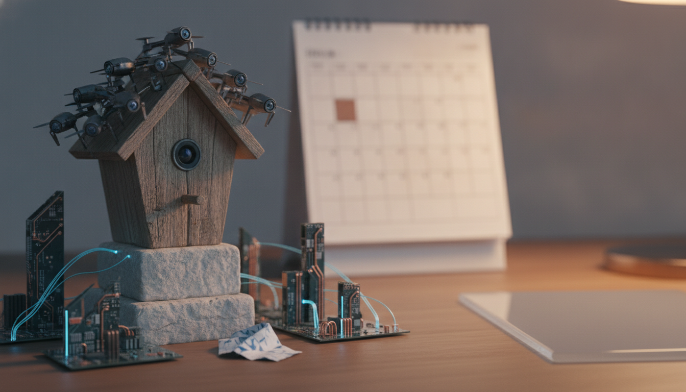 A wooden birdhouse with drones on its roof and a camera lens in its entrance sits on stone blocks, surrounded by circuit boards with glowing blue lines, on a desk with a calendar