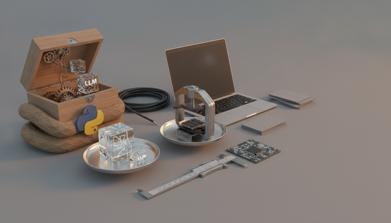 A wooden box with LLM cubes and gears on a snake base, a laptop, cable, pencil, caliper, circuit board, and a chip under a clamp are on a gray surface.