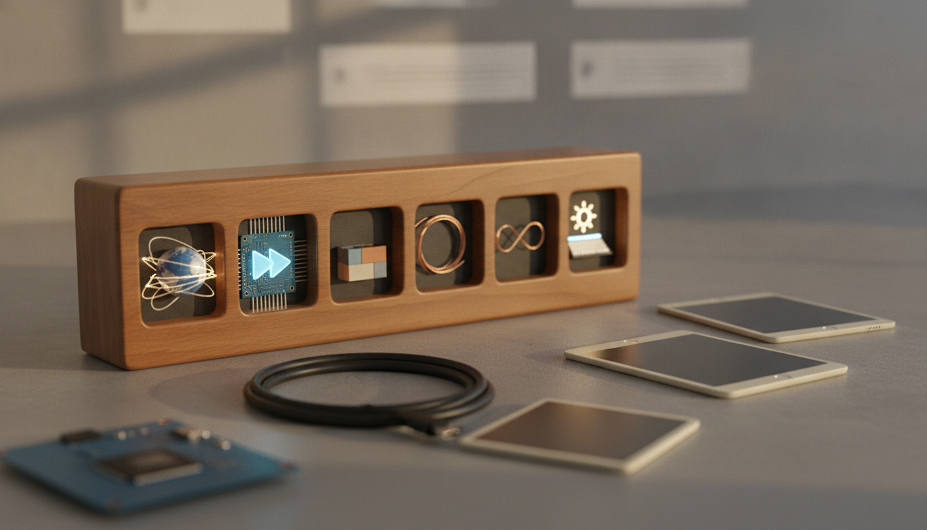 a wooden display box with six compartments holds small tech symbols beside several flat screens and a coiled cable on a tabletop