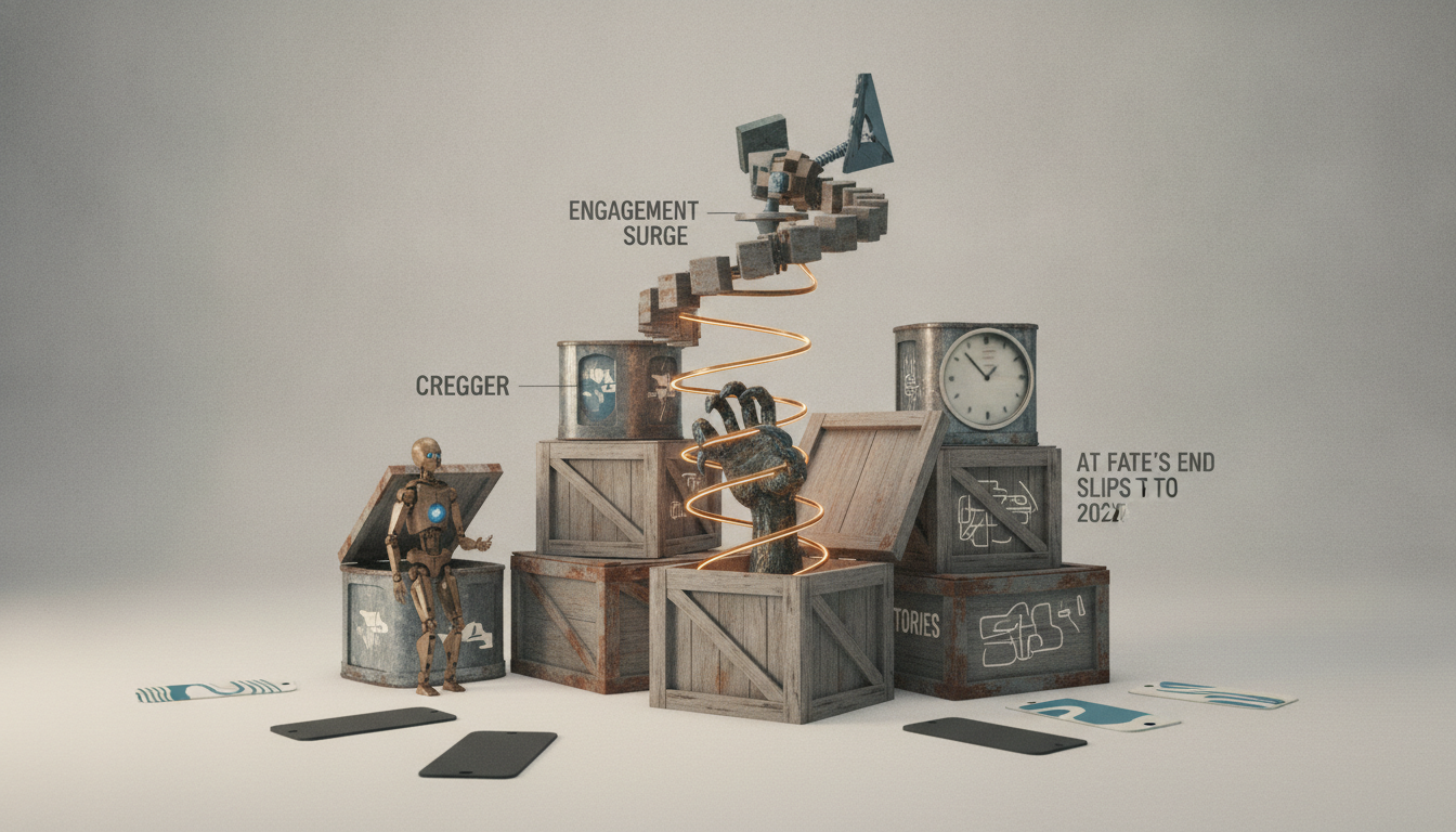 A wooden robot stands beside stacked crates, a glowing spiral rises through the center, and a round clock sits on the right.