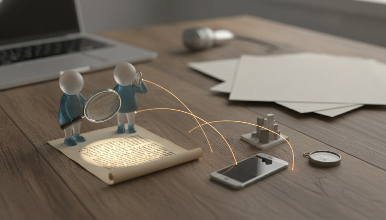two small figures with magnifying glasses stand beside a glowing scroll, a phone, papers, a laptop, and a small compass on a wooden table