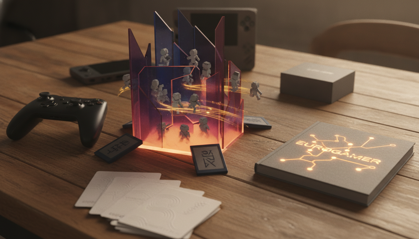 A gaming setup on a wooden table features a black controller, a glowing central structure with block figures, game cartridges, a book, and playing cards.