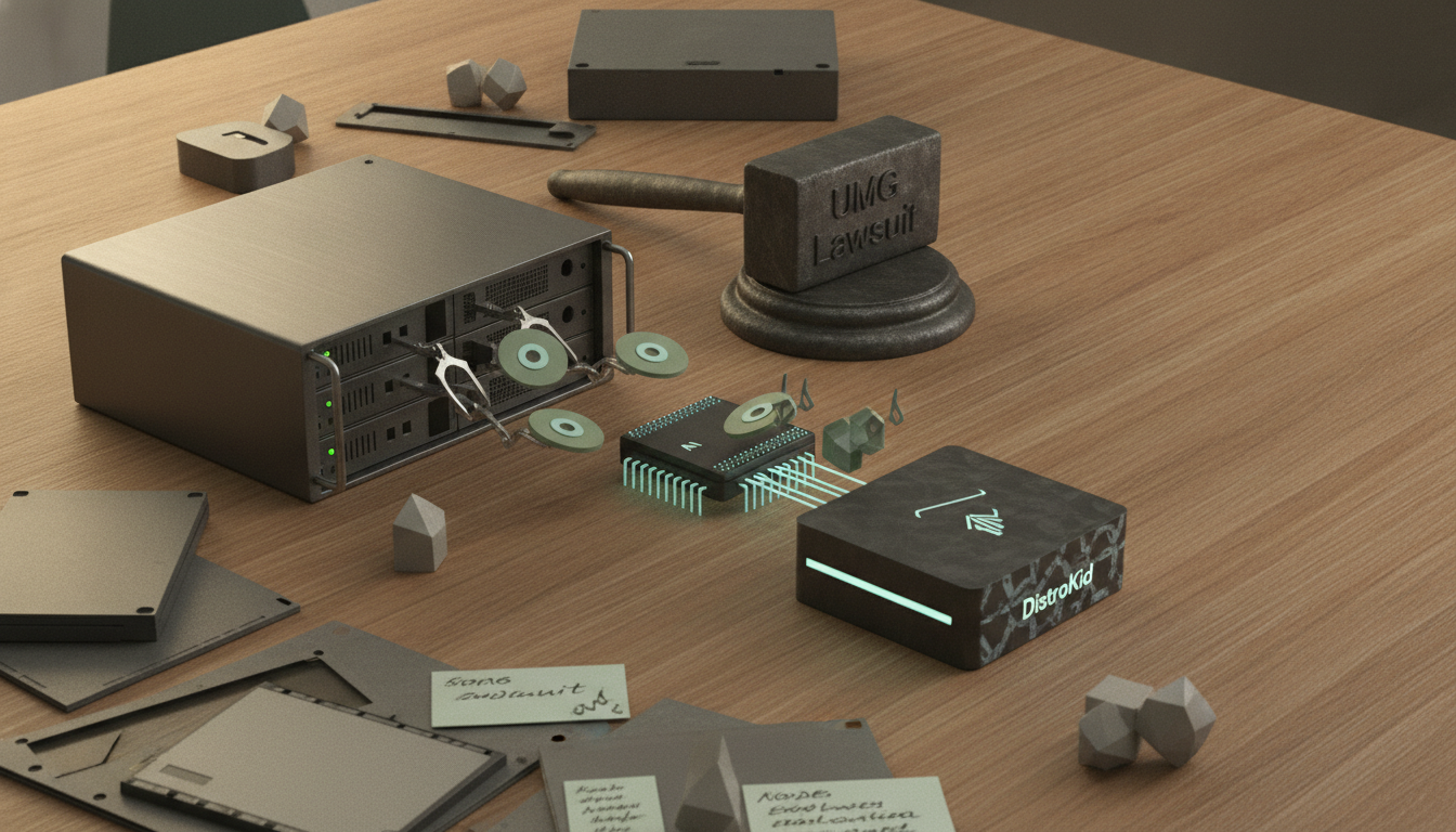 A wooden table holds a gavel, metal boxes, a server, chips, and dark blocks labeled UMG Lawsuit and DiskKid.